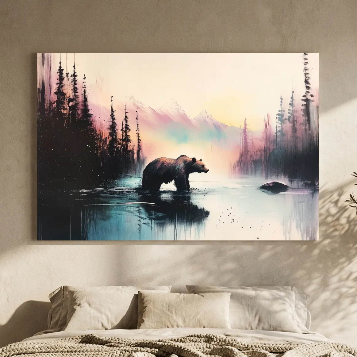 Moody Watercolor Grizzly Bear Lake Reflection - Misty Mountain Wilderness Wall Art
