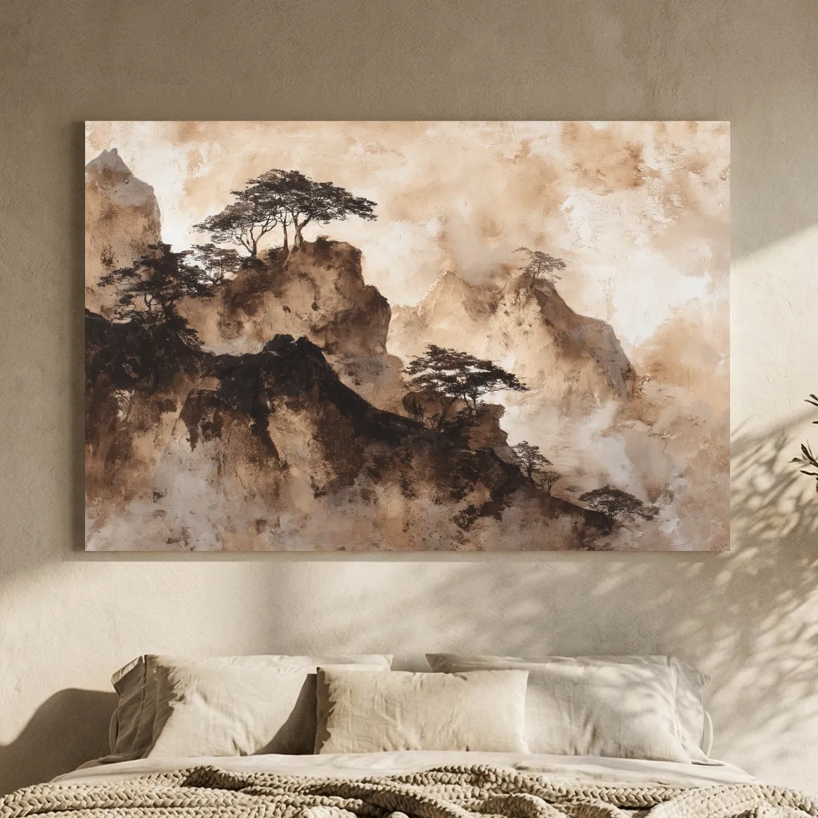 Sepia Japandi Mountain Ridge Painting - Atmospheric Ink Wash Art