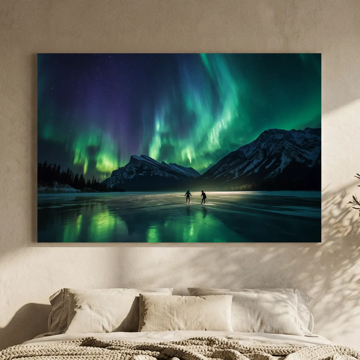Ice Skaters Under Vibrant Northern Lights - Aurora Borealis Photographic Wall Art