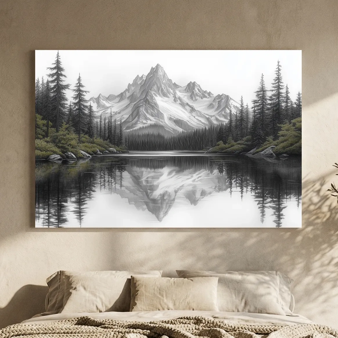 Monochrome Alpine Mountain Lake Reflection Sketch Artwork - Minimalist Forest Landscape Wall Art