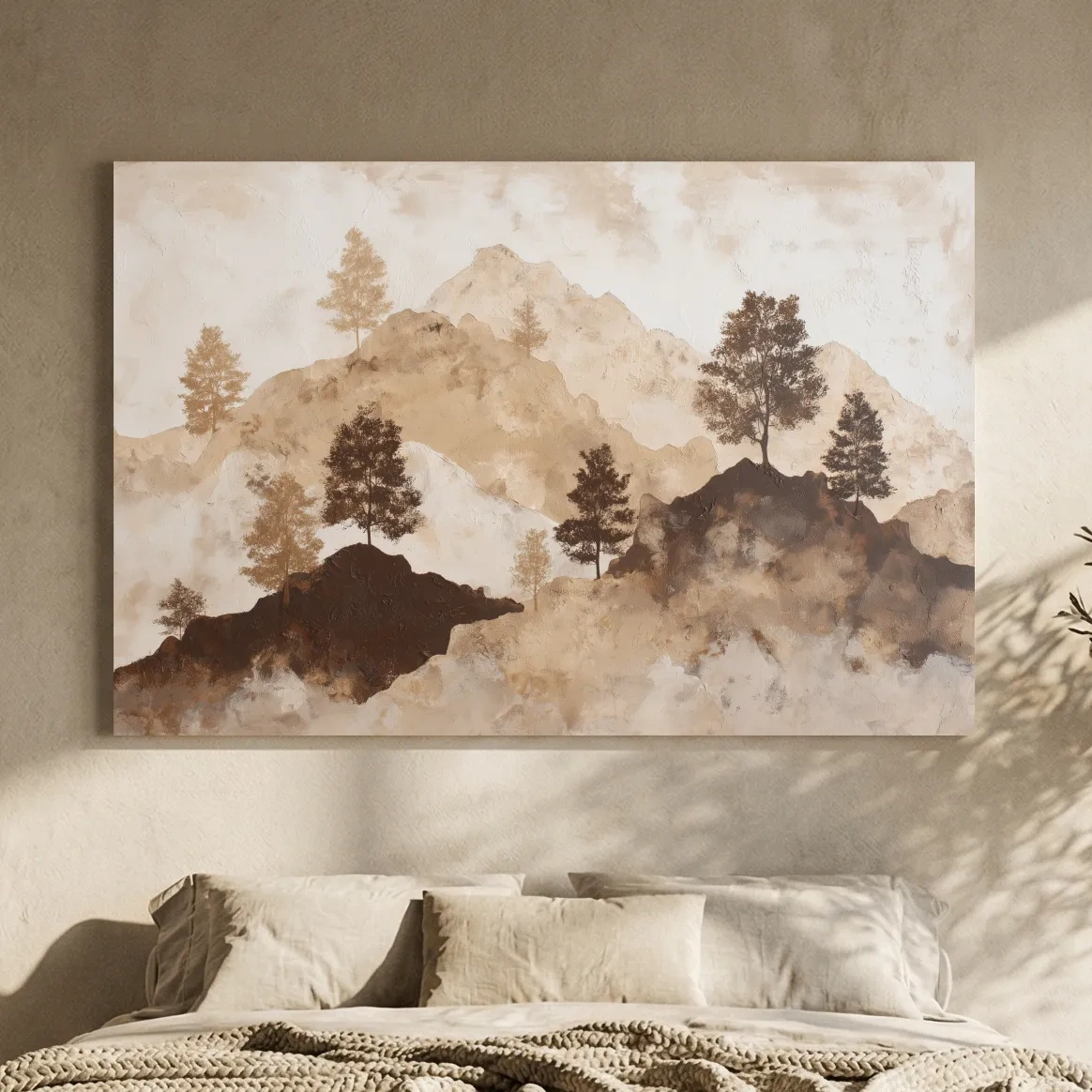 Wabi-Sabi Mountain Tree Silhouettes Painting - Minimalist Landscape Wall Art