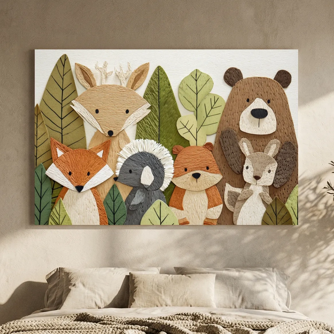 Woodland Animal Nursery Decor - Cute Forest Animals Embroidery Style Wall Art