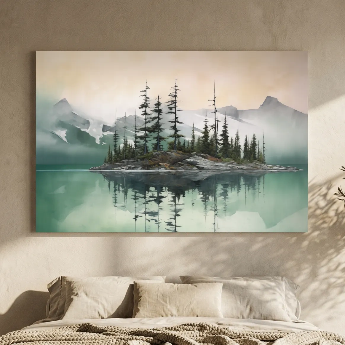 Misty Turquoise Alpine Lake Reflection - Serene Watercolor Mountain Landscape Wall Art