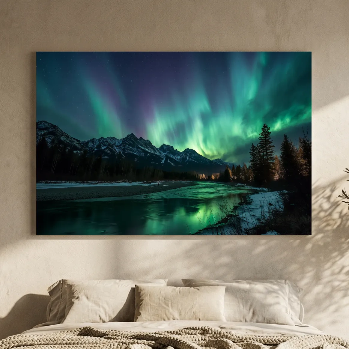 Vibrant Green Northern Lights Over Frozen Lake - Aurora Borealis Landscape Wall Art