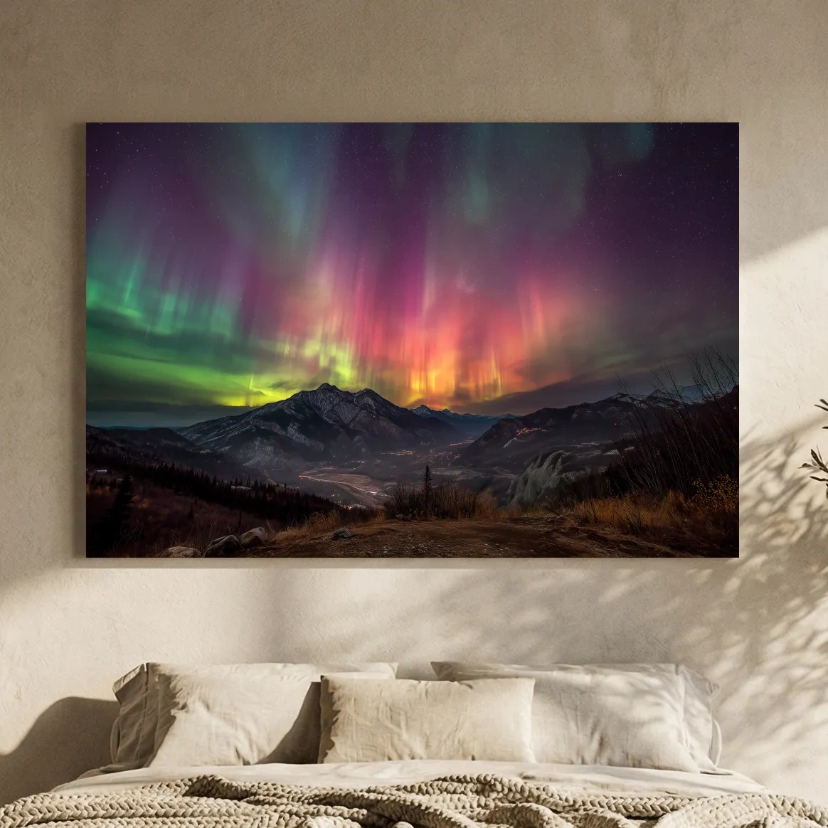 Vibrant Aurora Borealis Over Mountain Range - Colorful Northern Lights Landscape Wall Art