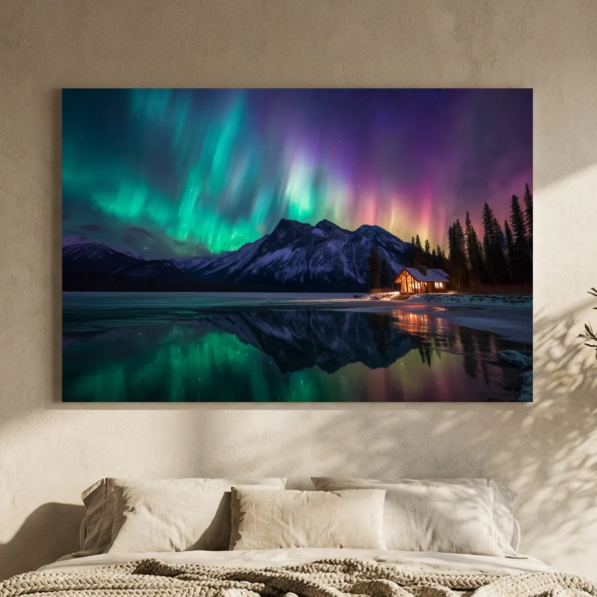 Vibrant Northern Lights Over Mountain Lake Cabin - Aurora Borealis Landscape Wall Art