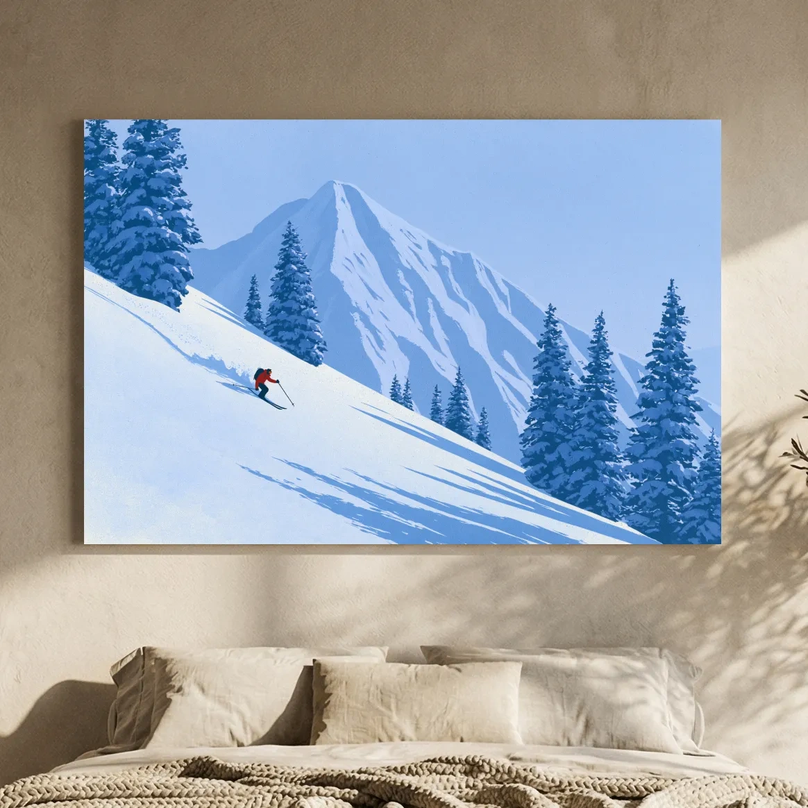 Minimalist Snowy Mountain Skier Landscape - Winter Alpine Illustration Wall Art