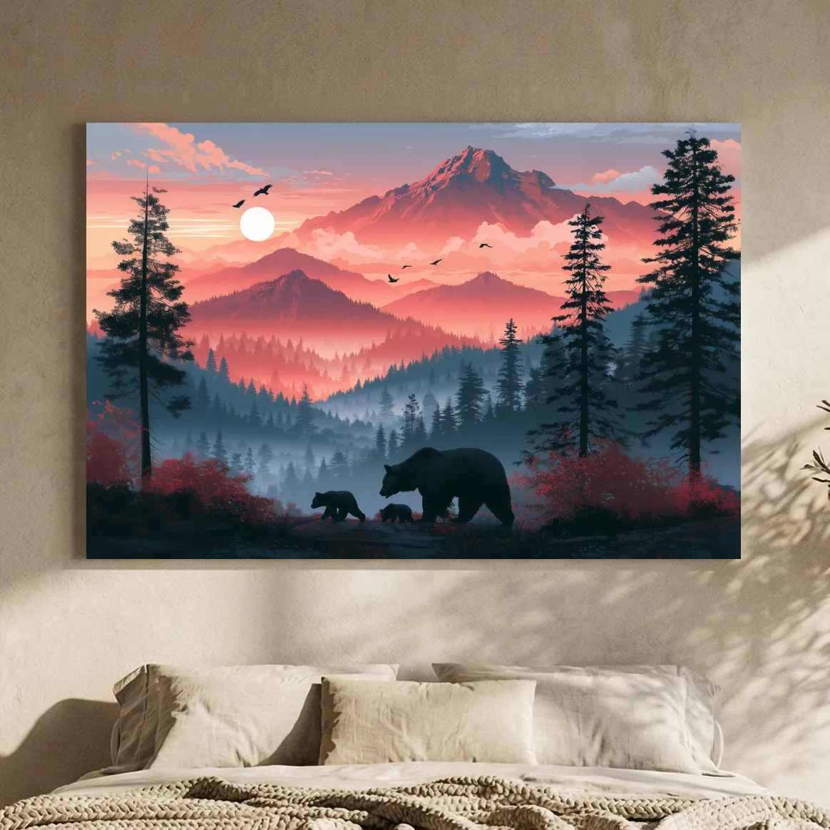 Sunset Mama Bear & Cubs Silhouette - Forest Wildlife Wall Art