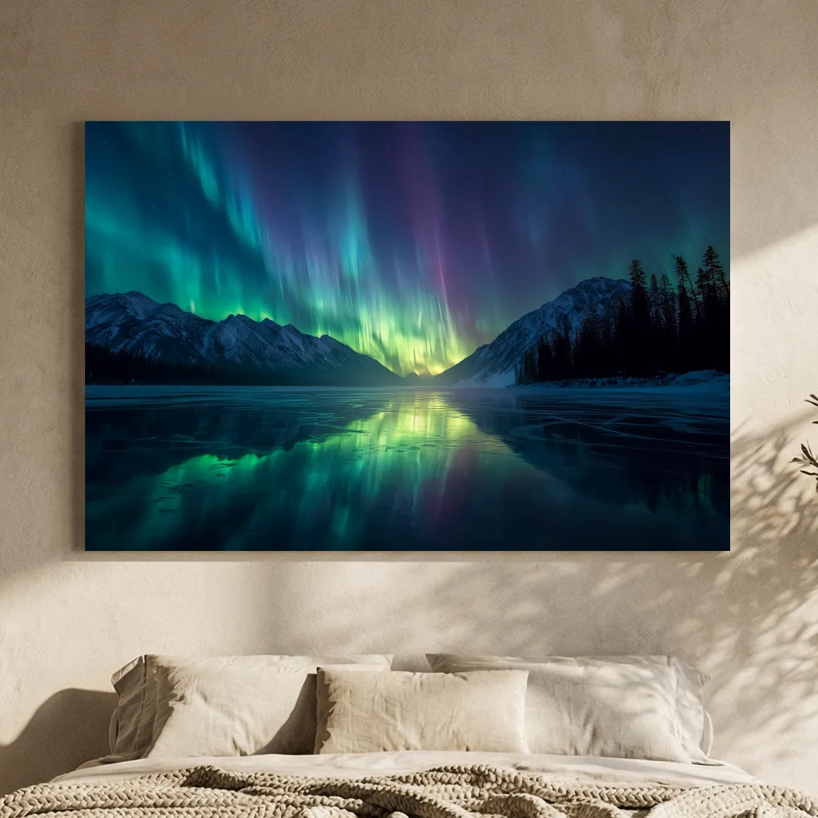 Vibrant Northern Lights Over Icy Mountain Lake - Aurora Borealis Wall Art