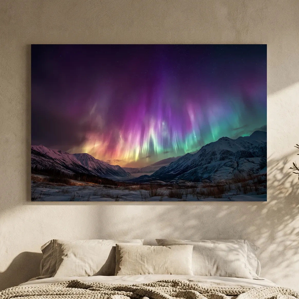 Vibrant Aurora Borealis Over Snowy Mountains - Northern Lights Night Sky Wall Art