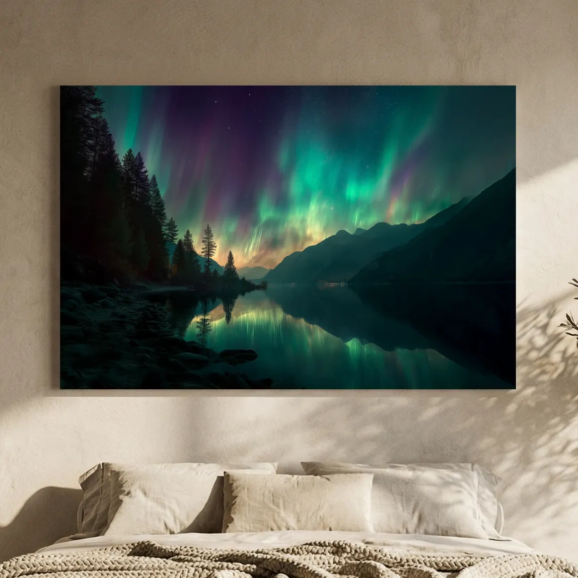 Vibrant Northern Lights Lake Reflection - Aurora Borealis Mountain Wall Art