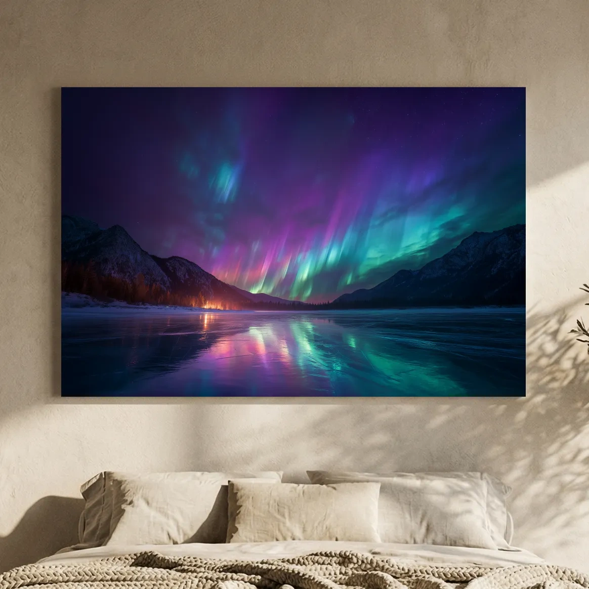 Vibrant Aurora Borealis Over Frozen Lake - Northern Lights Mountain Wall Art