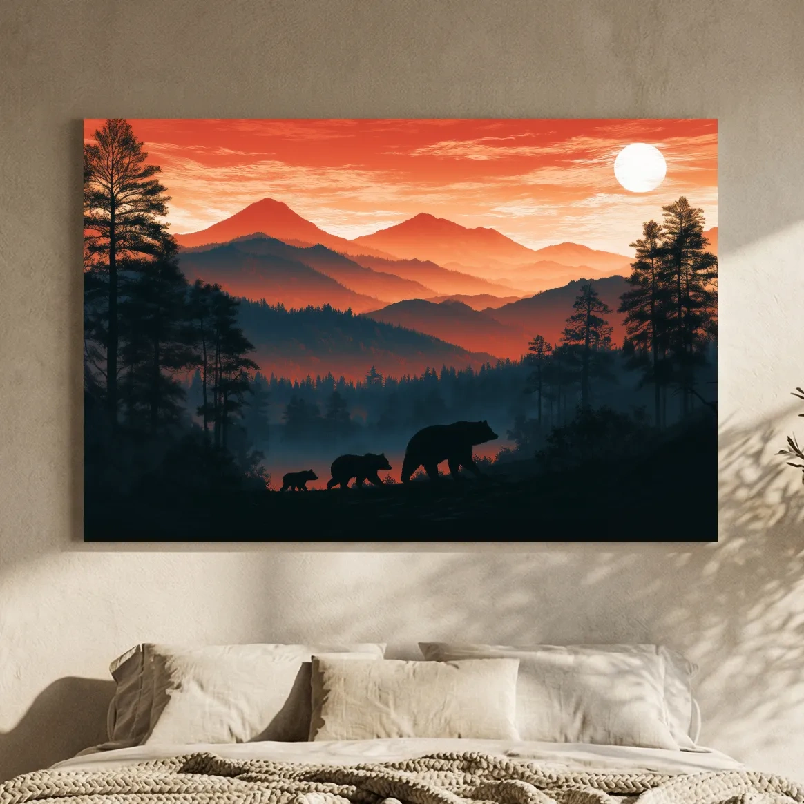 Mountain Sunset Bear Family Silhouettes - Wilderness Landscape Artwork