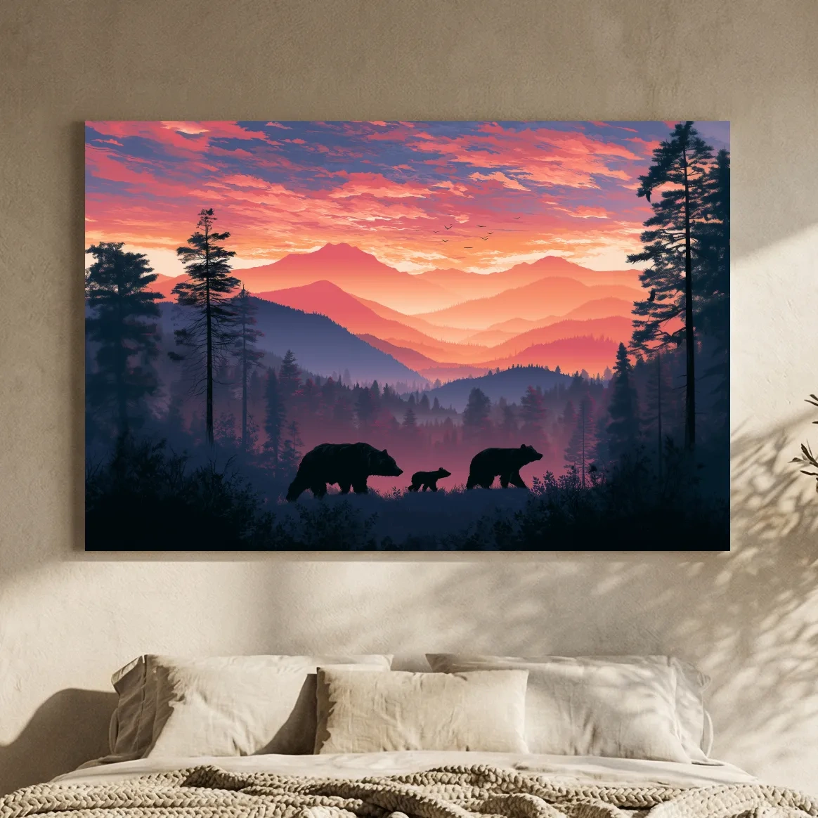Moody Sunset Mountain Bear Family Silhouettes - Wildlife Wall Art