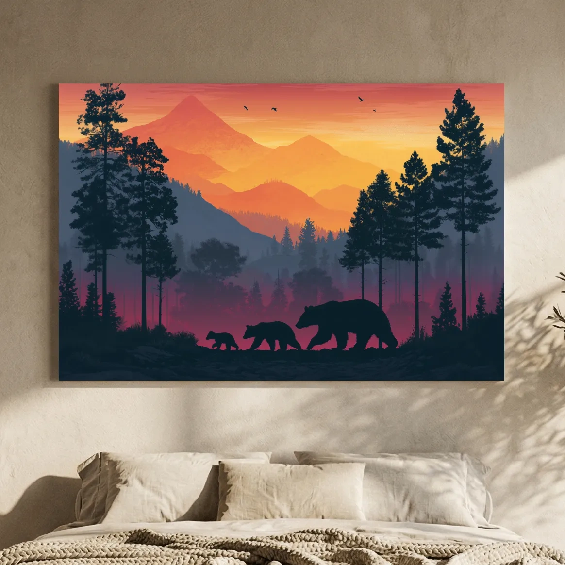 Sunset Momma Bear & Cubs Silhouette - Forest Wildlife Wall Art