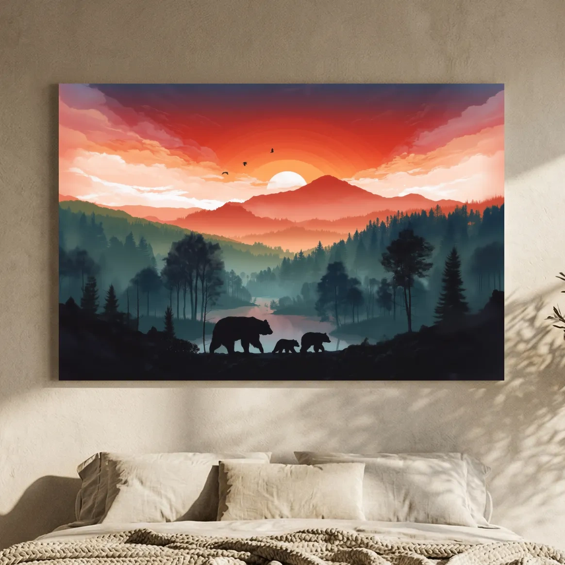 Sunset Bear Family Silhouette Landscape - Misty Mountain Forest Wall Art