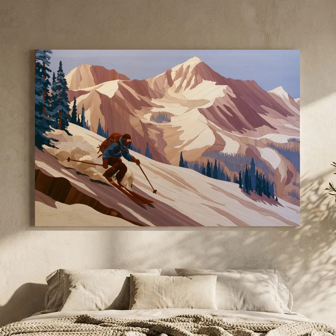 Backcountry Skier Descending Snowy Alpine Peaks - Modern Outdoor Adventure Wall Art
