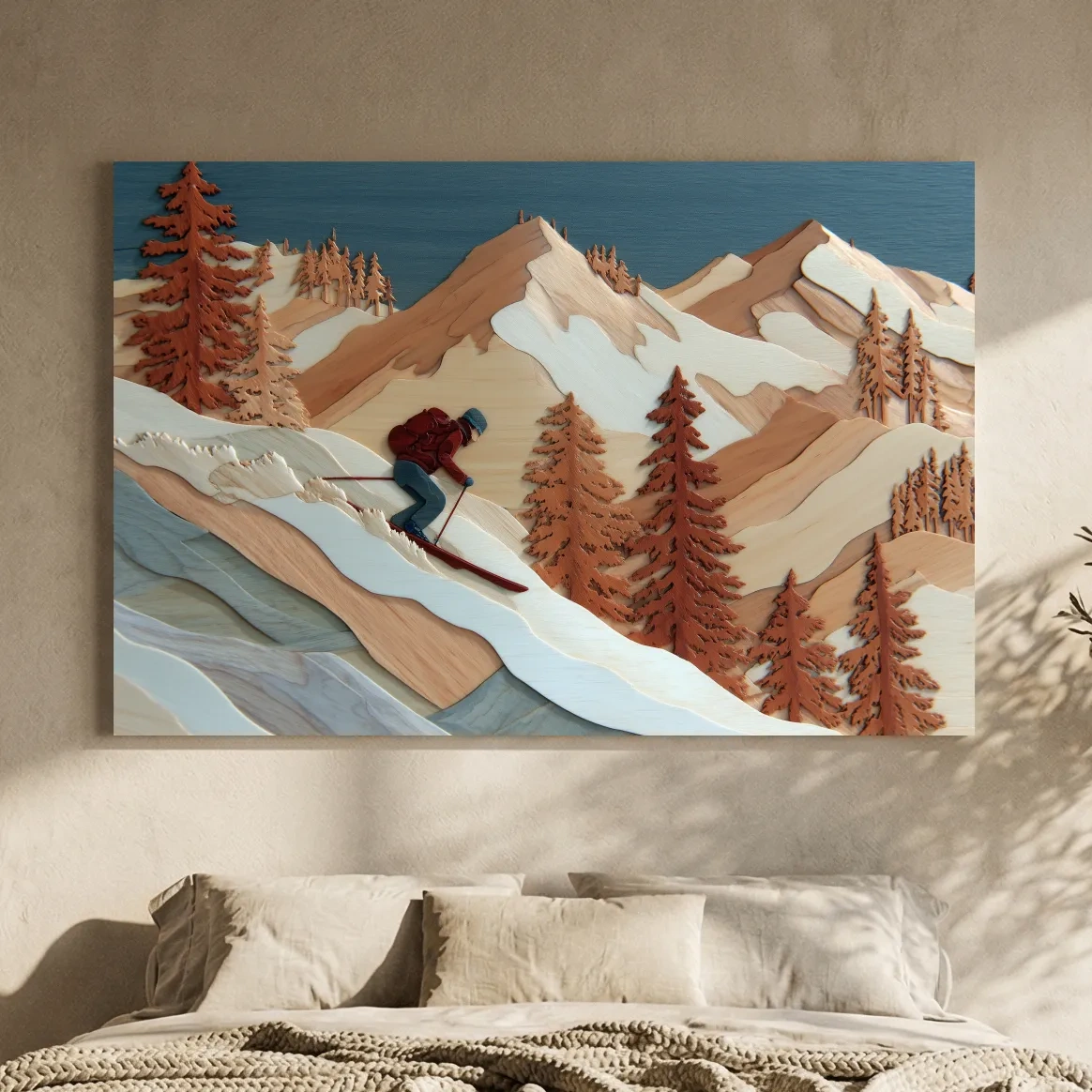 Wood Intarsia Style Skier Mountain Scene - Winter Alpine Wall Art