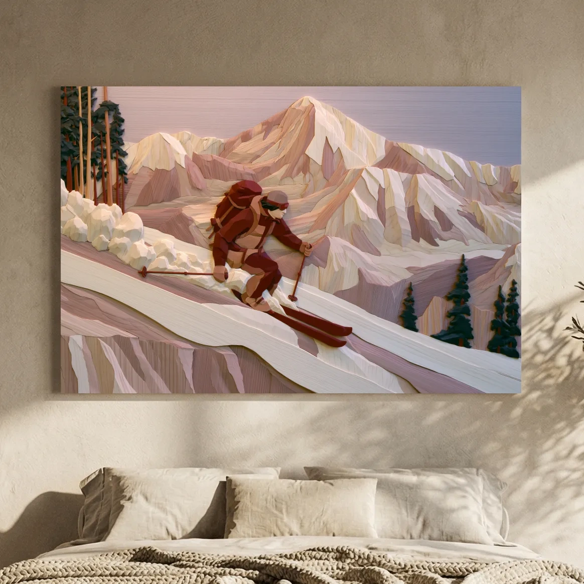 Geometric Backcountry Skier In Alpine Peaks - Winter Mountain Adventure Wall Art