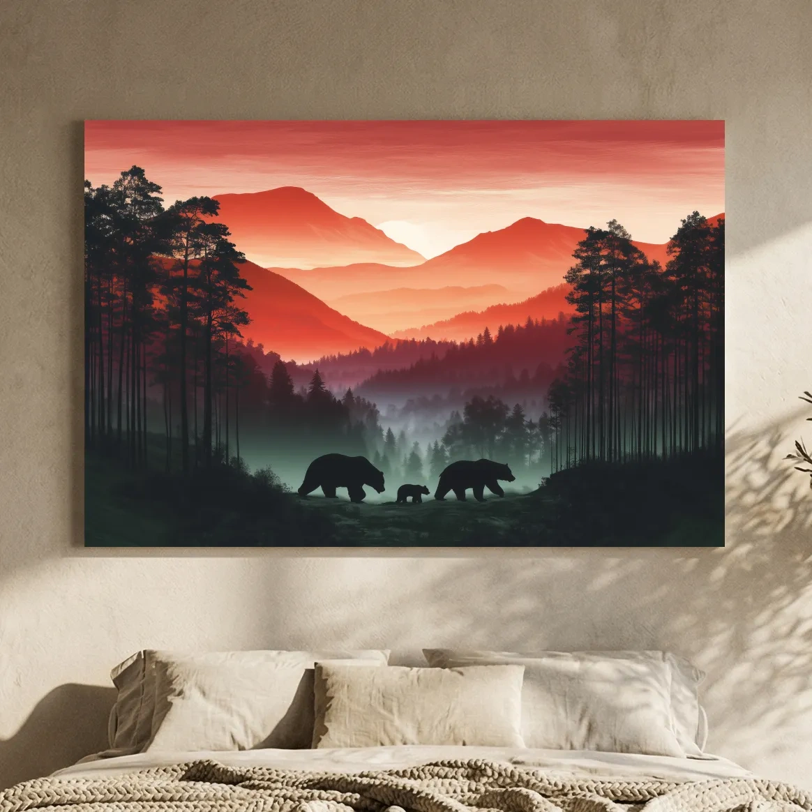 Moody Sunset Mountain Bear Family Silhouettes - Misty Forest Wildlife Wall Art