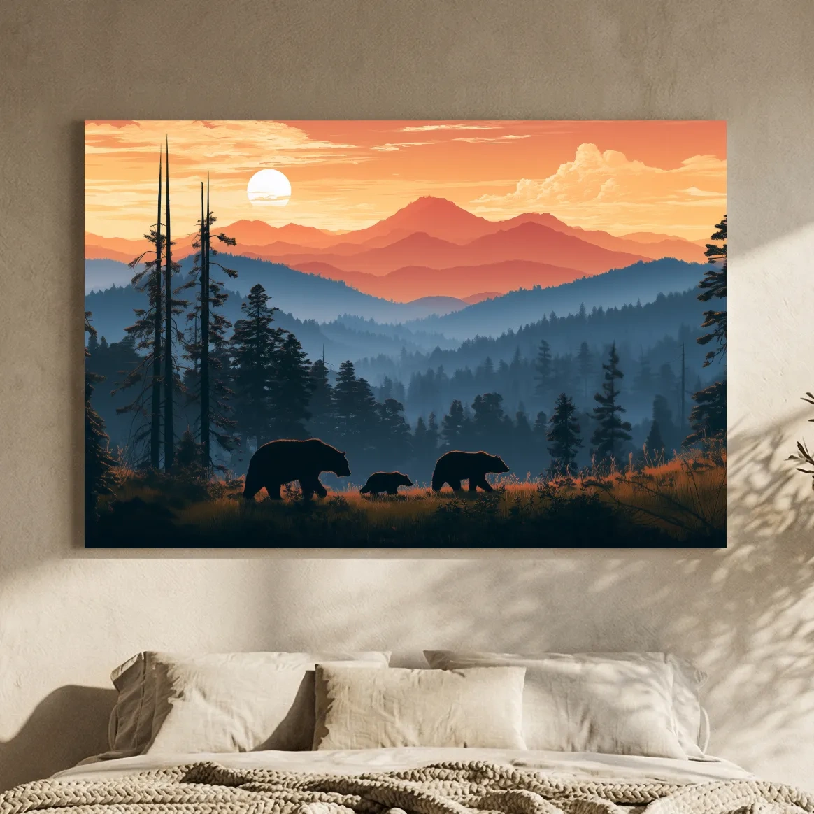 Bear Family Silhouettes - Mountain Sunset Wildlife Wall Art