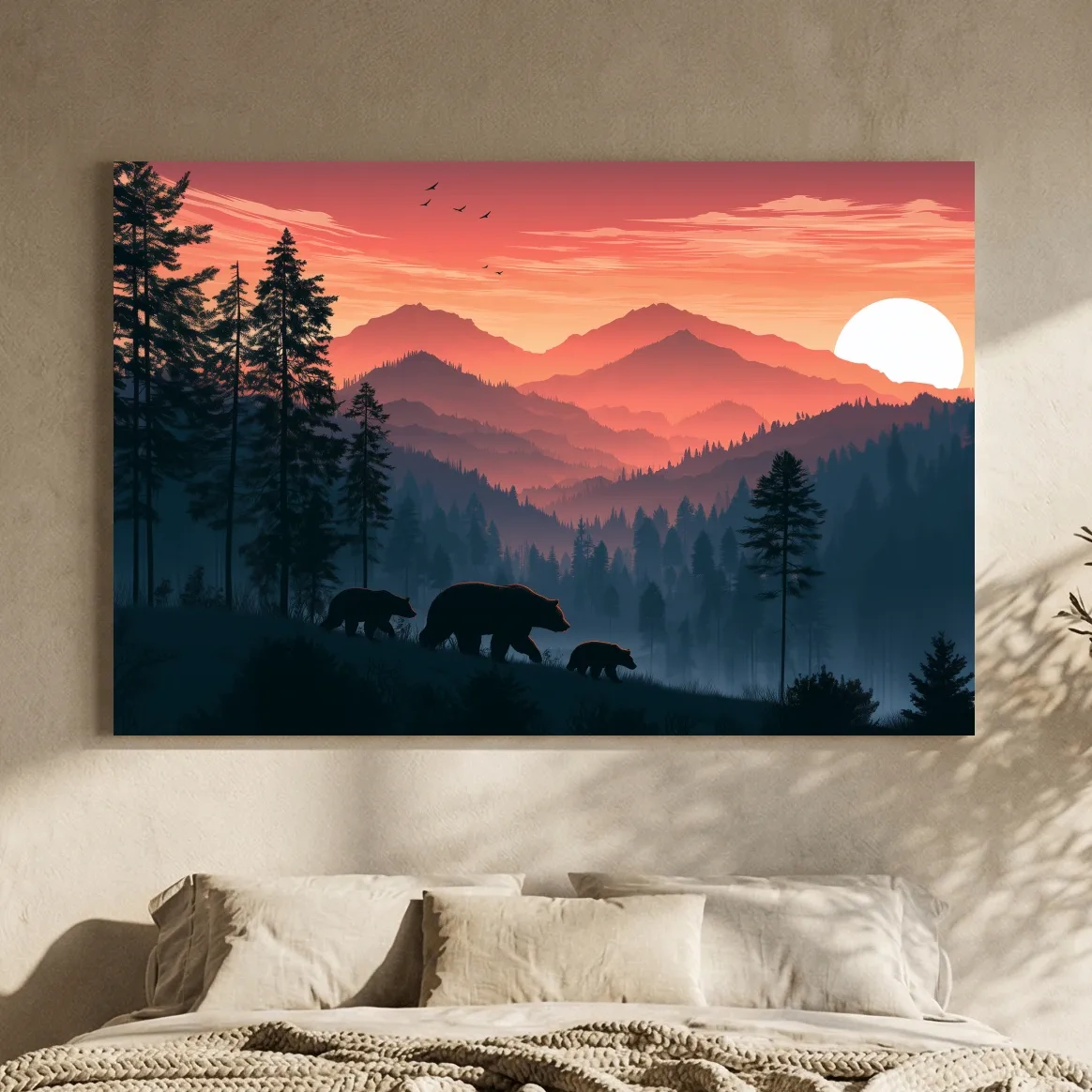 Bear Family Silhouette Mountain Sunset - Wildlife Landscape Wall Art