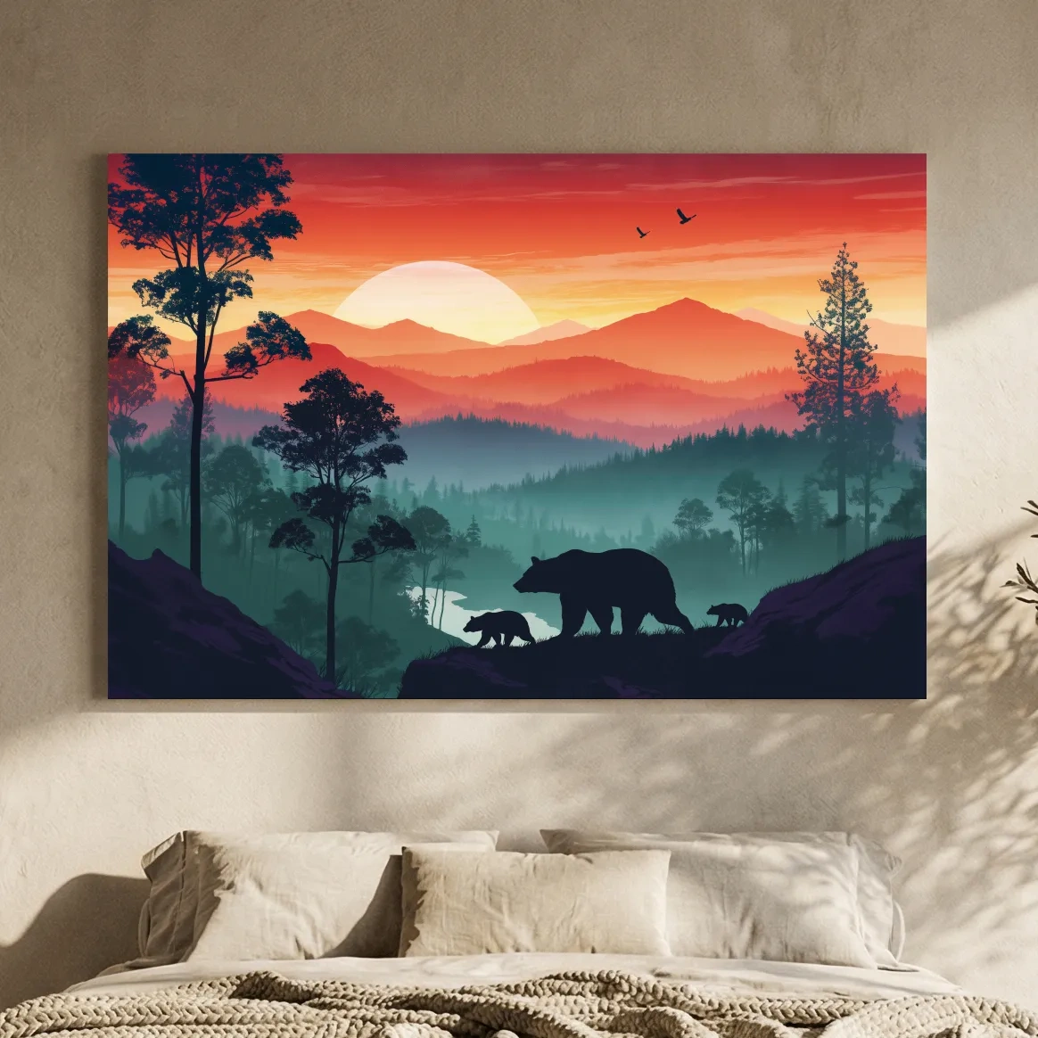 Sunset Mama Bear & Cubs Silhouette - Misty Forest Landscape Artwork