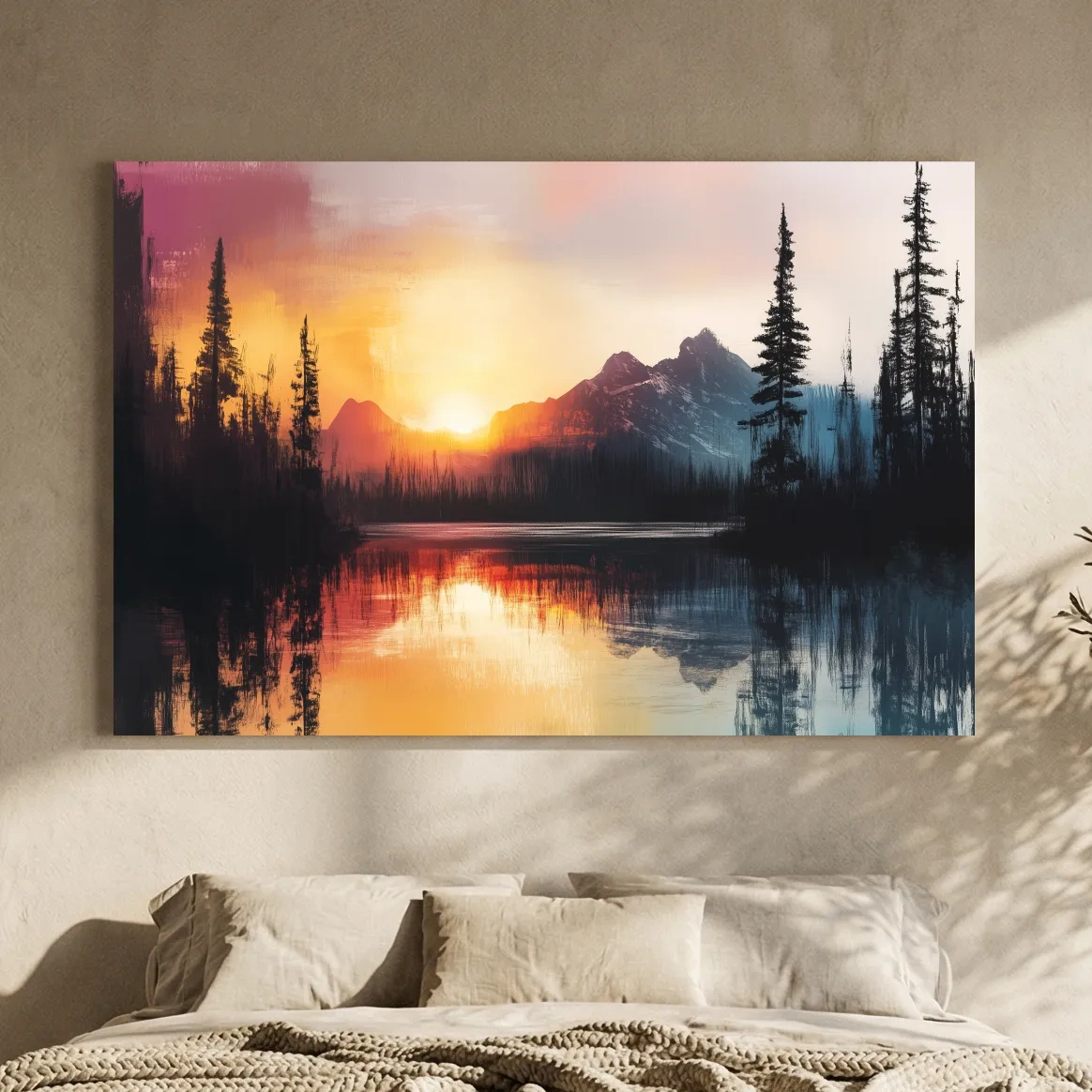Sunset Mountain Lake Reflection Painting - Dramatic Pine Forest Landscape Wall Art
