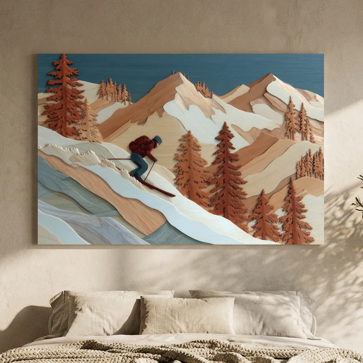 Wood Intarsia Style Skier Mountain Scene - Winter Alpine Wall Art