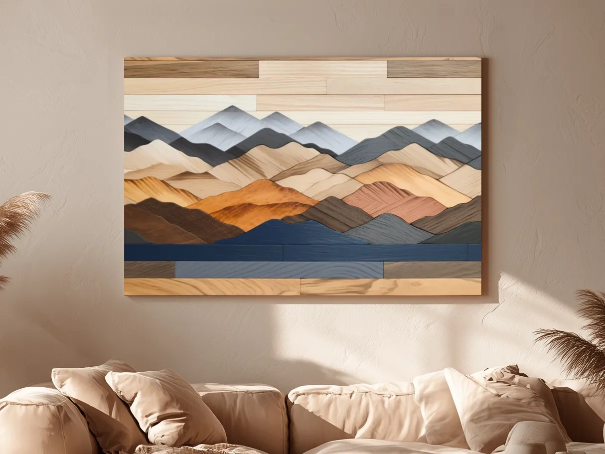 Rustic Layered Wooden Mountain Range Panorama - Modern Geometric Wall Art