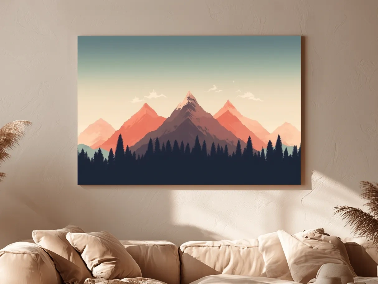 Minimalist Alpine Mountain Sunrise Artwork - Modern Scandinavian Forest Wall Art