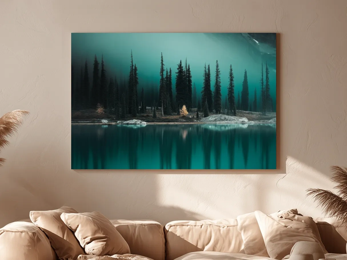 Misty Pine Forest Turquoise Alpine Lake - Serene Mountain Landscape Wall Art