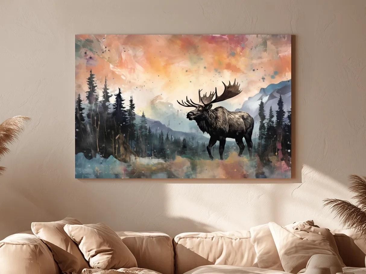Watercolor Moose In Misty Mountain Forest - Rustic Wildlife Wall Art