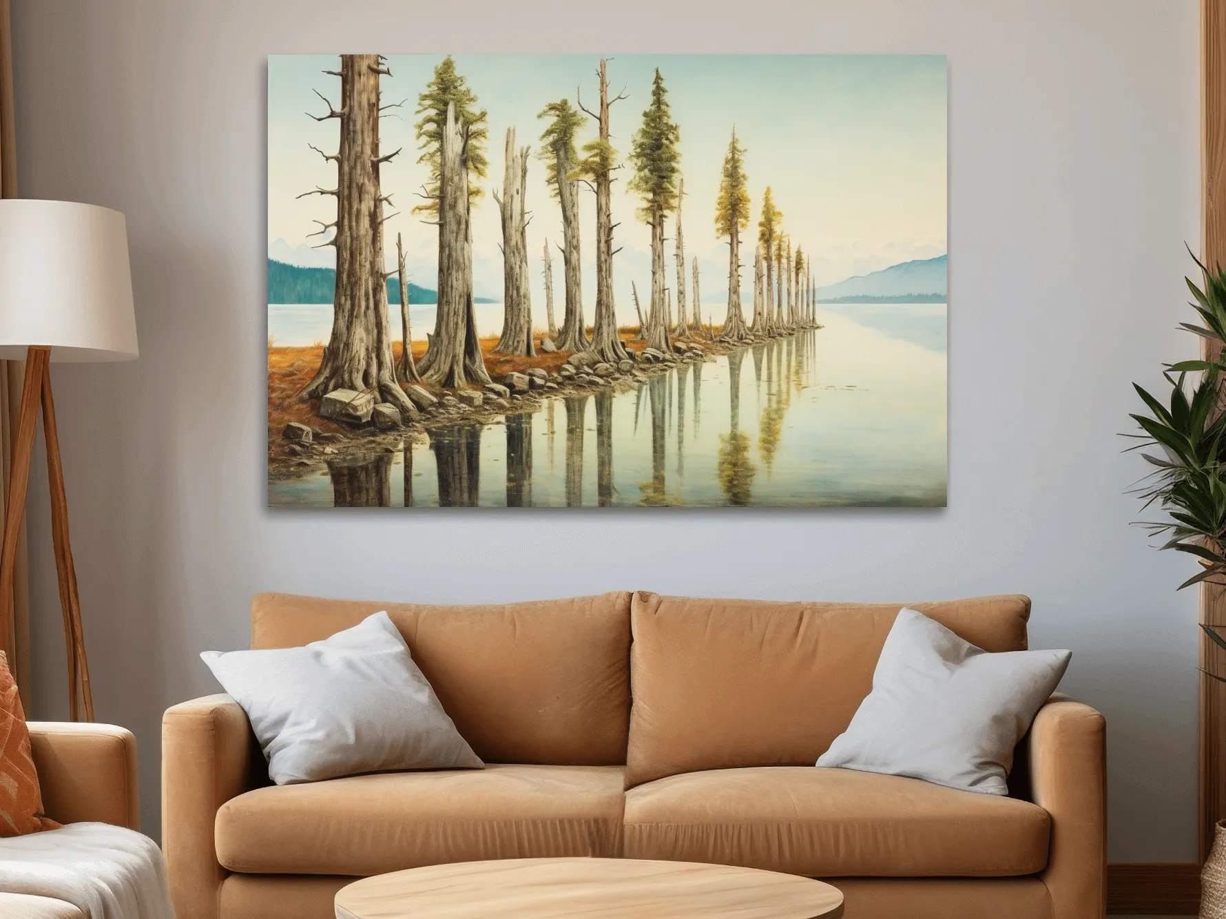 Serene Lakeside Pine Forest Reflections - Watercolor Landscape Wall Art