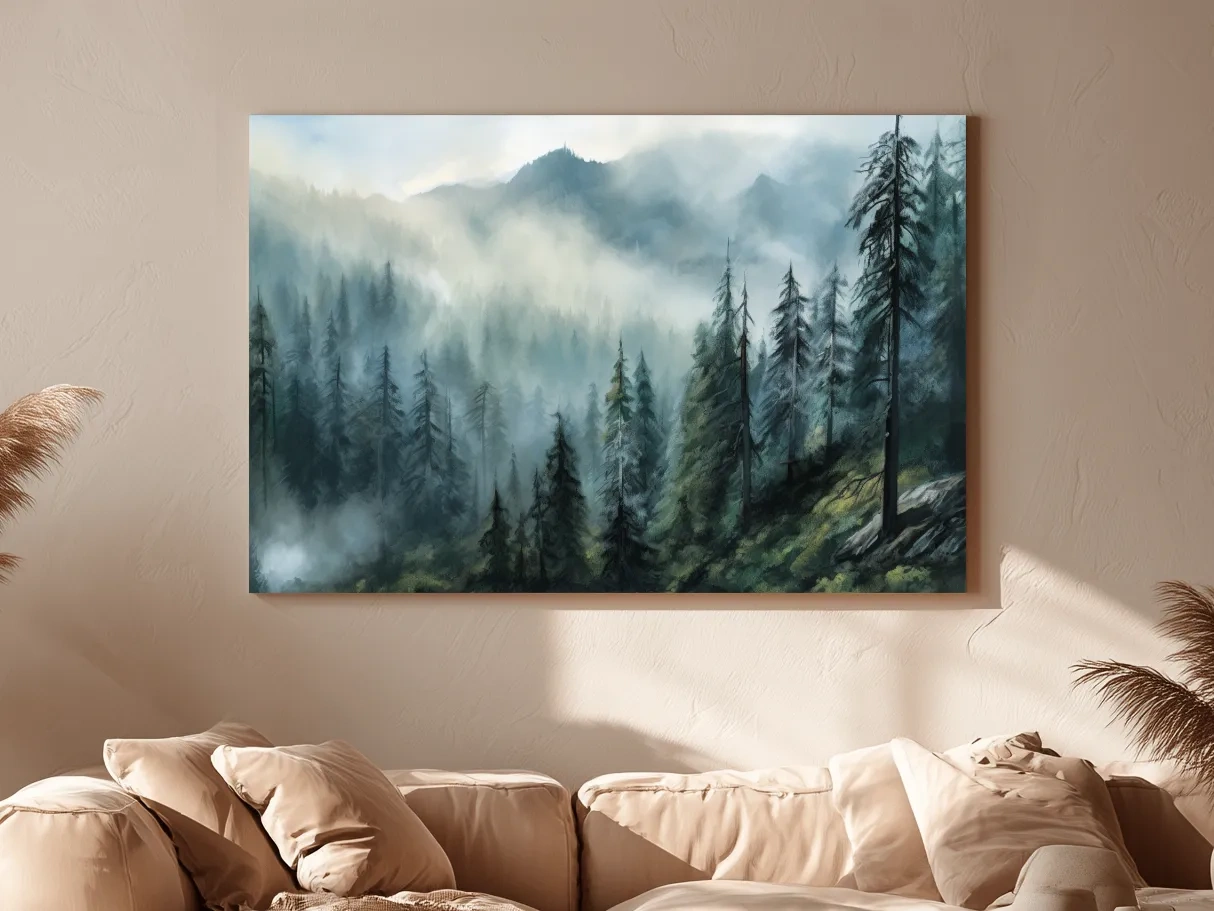 Misty Evergreen Forest Mountain Landscape - Moody Watercolor Nature Wall Art