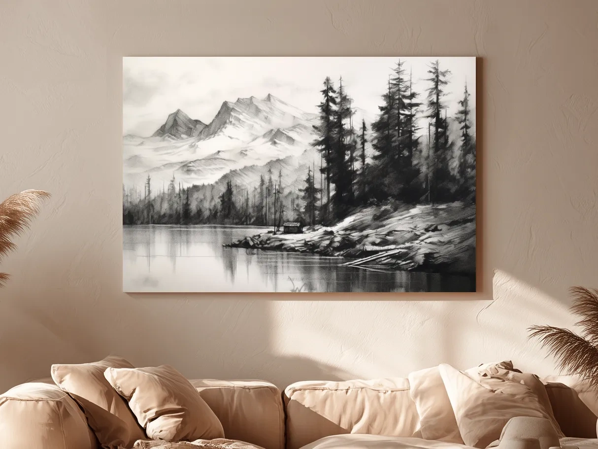 Monochrome Mountain Lake Charcoal Sketch - Pine Forest Landscape Wall Art
