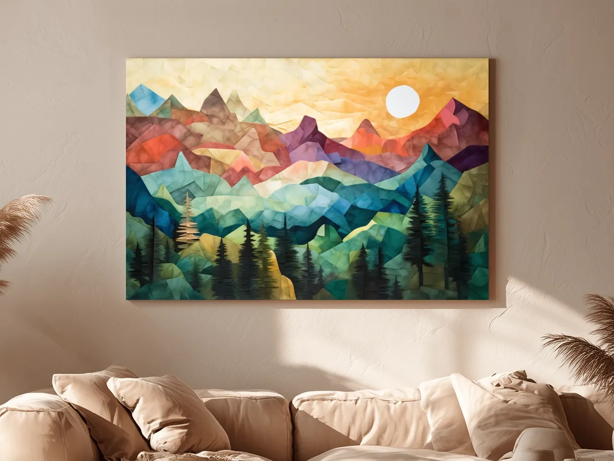 Abstract Sunset Mountain Canvas - Vibrant Patchwork Mosaic Art