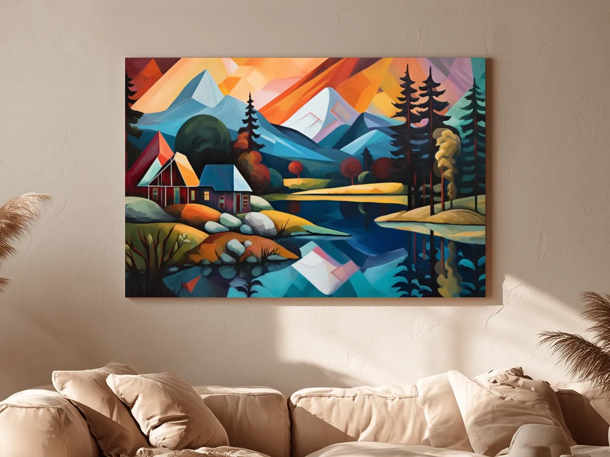 Vibrant Geometric Mountain Lake Cabin Oil Painting - Modern Abstract Wall Art