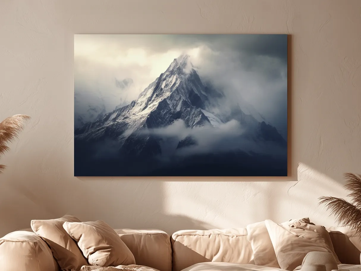 Cloudy Snowcapped Peak Landscape - Dramatic Mountain Photography Wall Art