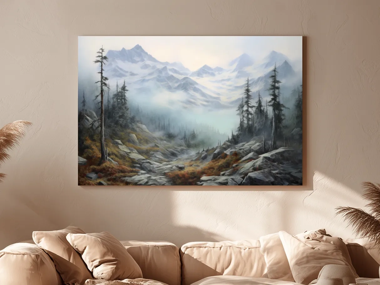 Misty Alpine Valley Painting - Moody Foggy Mountain Landscape Wall Art