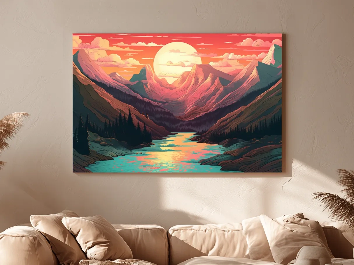 Vibrant Sunset Mountain Valley Illustration - Retro Landscape Wall Art