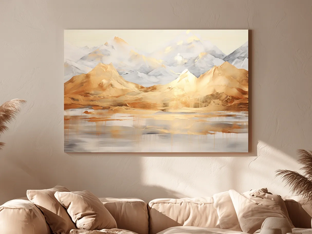Luxe Golden Abstract Mountain Lake Painting - Elegant Landscape Wall Art