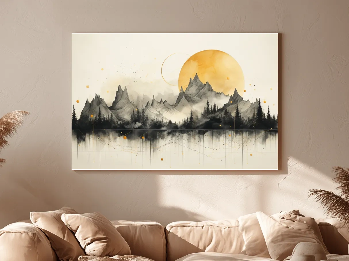 Golden Sun Abstract Mountain Range - Minimalist Watercolor Landscape Wall Art