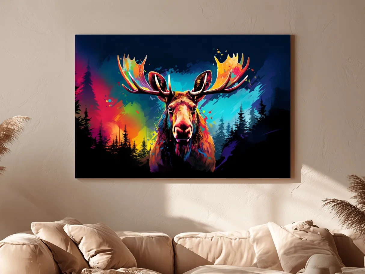 Vibrant Abstract Retro Moose Portrait - Colorful Splash Paint Wildlife Wall Art