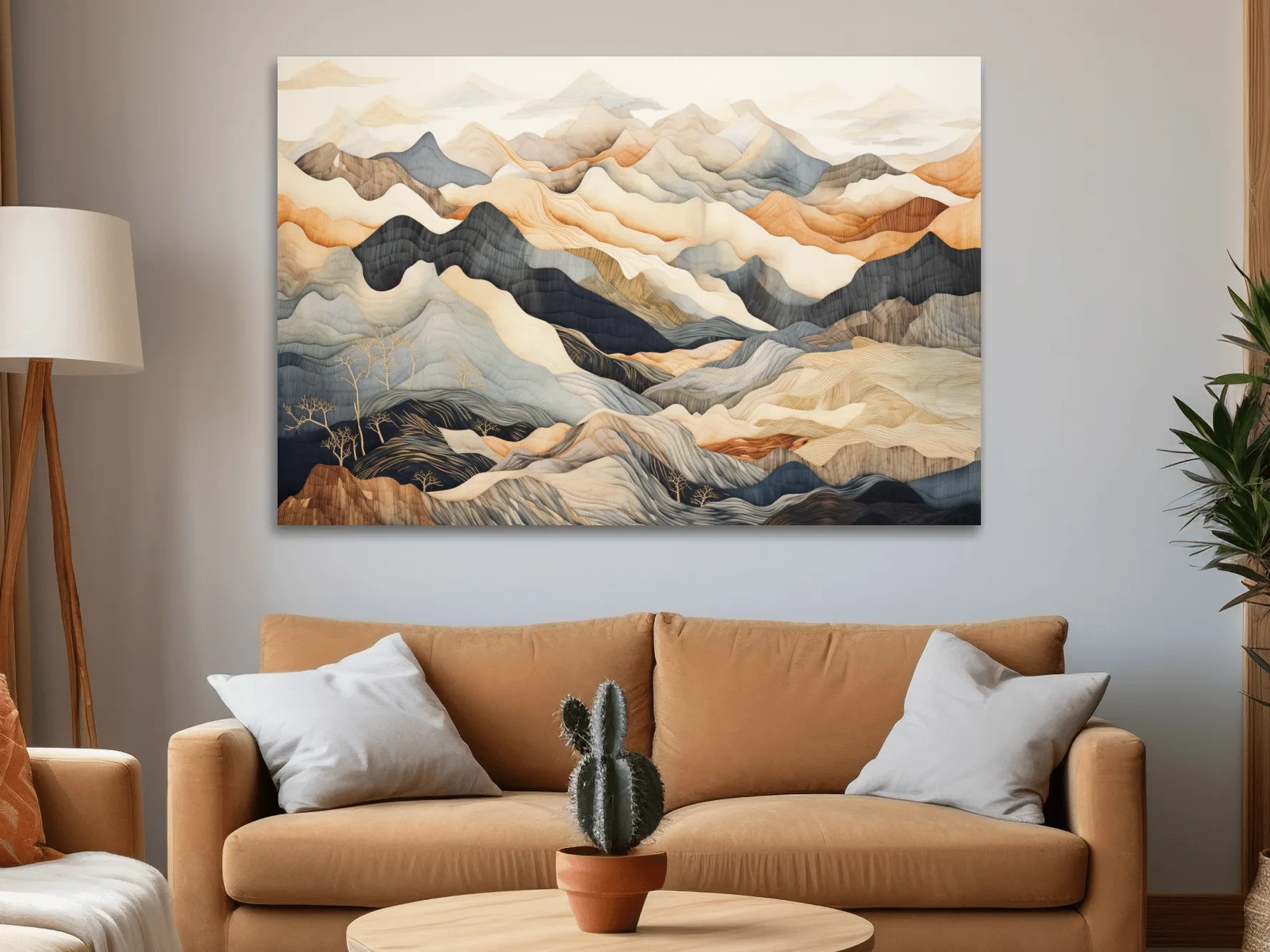 Tapestry style earthy coloured mountain artwork