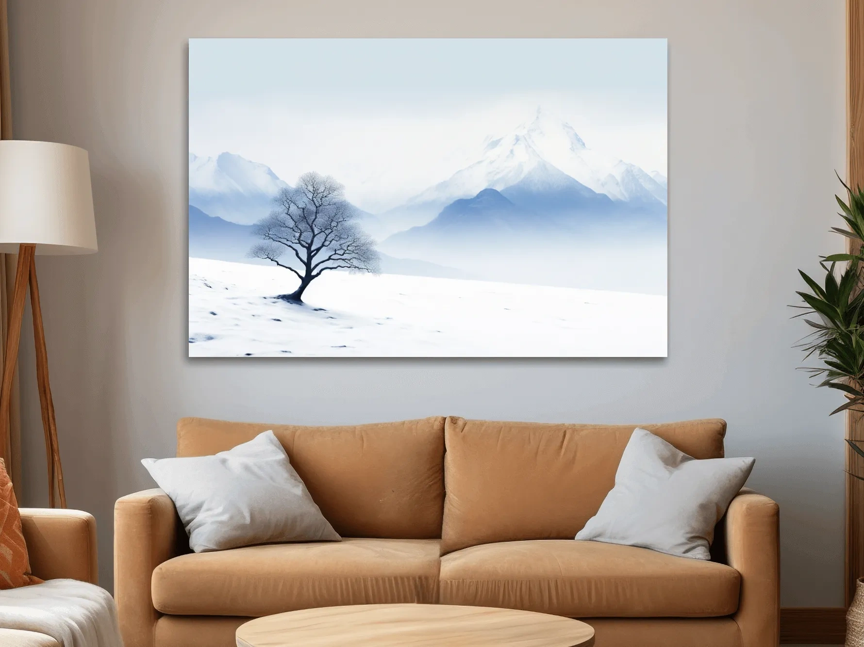 Minimalist Snowy Mountain Landscape With Lone Tree - Serene Winter Painting Wall Art