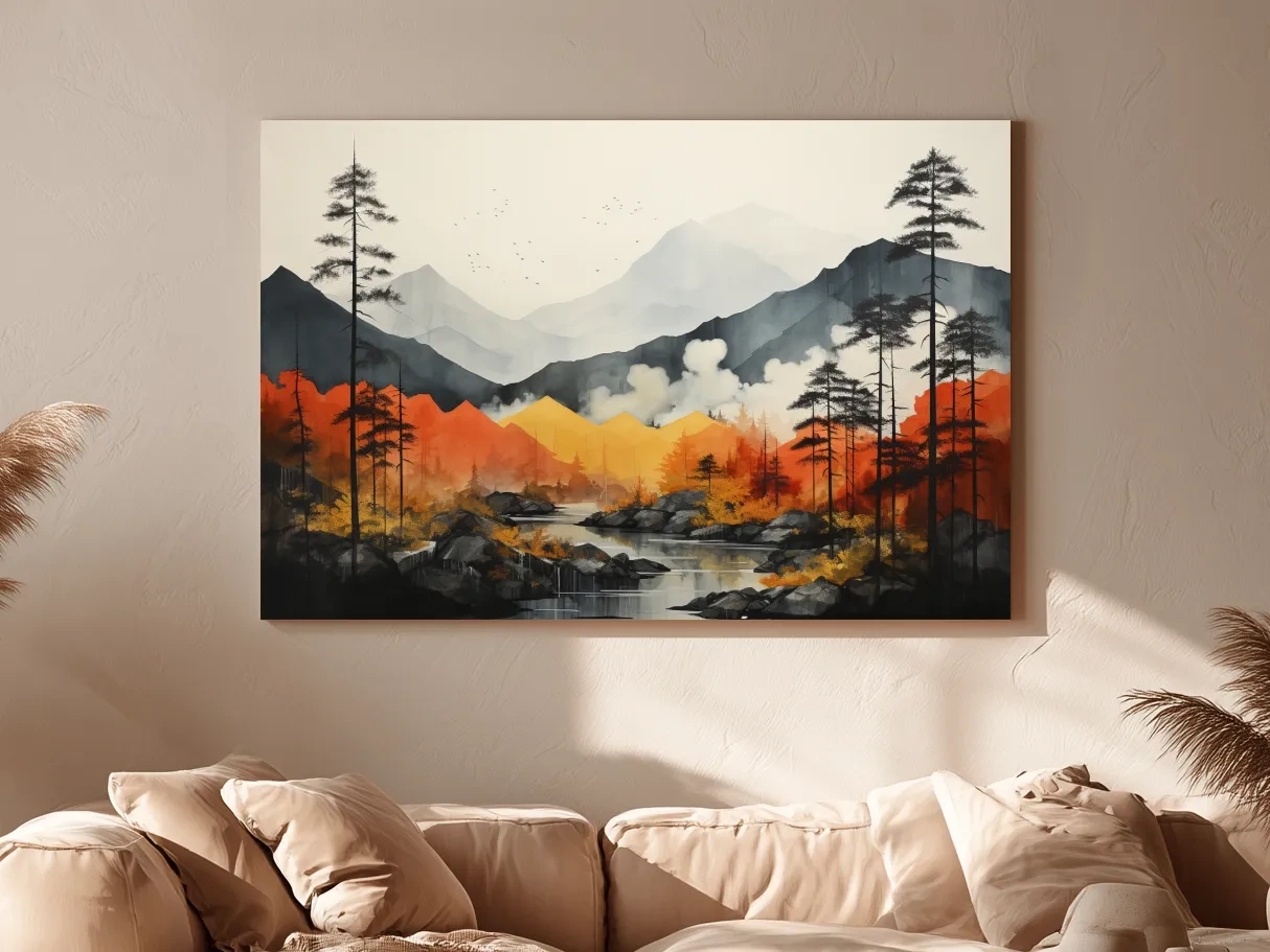 Surreal Mountain Lake Landscape - Autumn Forest Watercolor Wall Art