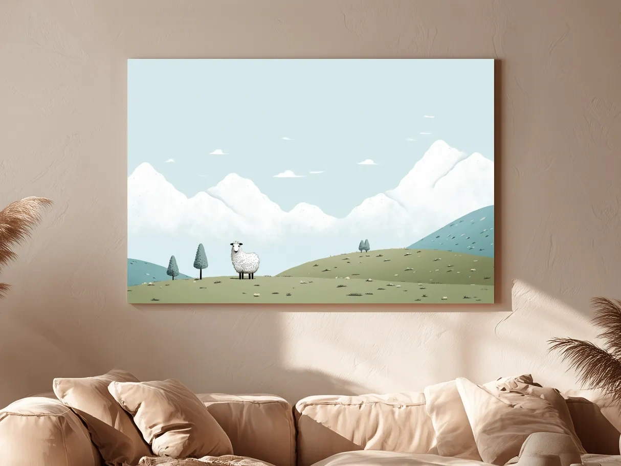 Illustration of a sheep in an alpine landscape