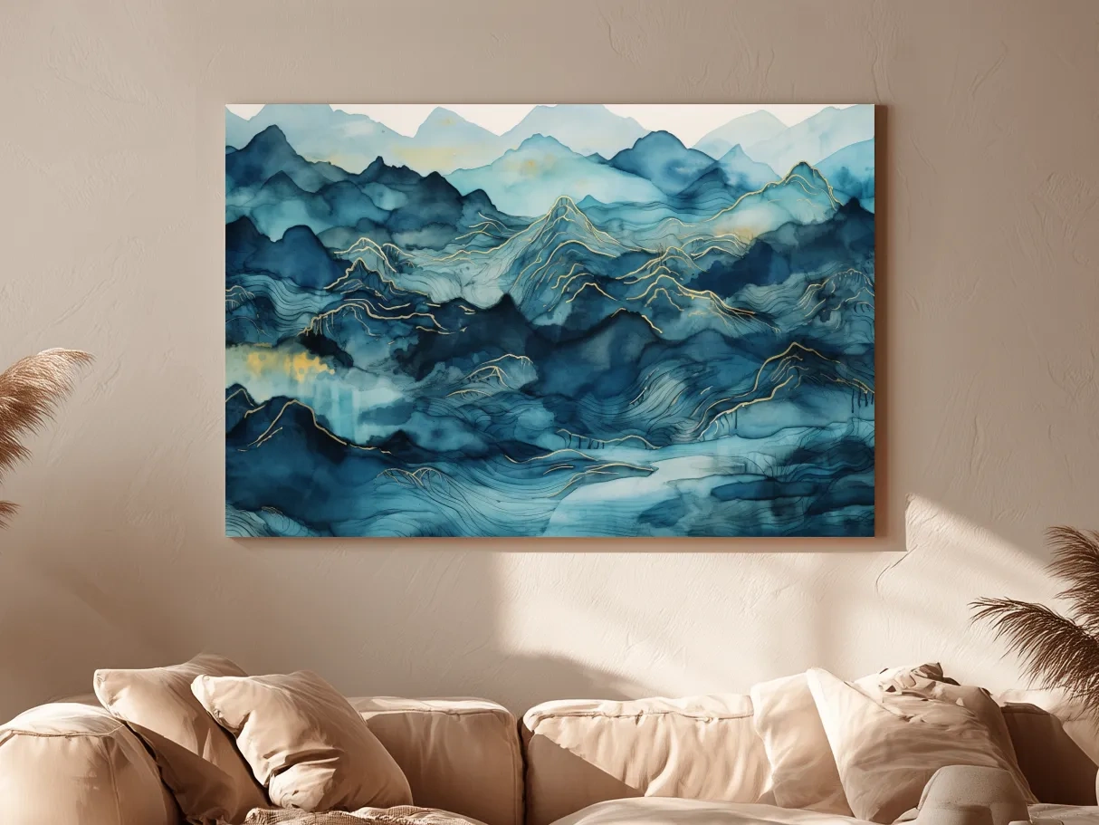 Watercolor Mountain Range With Gold Linework - Abstract Landscape Wall Art
