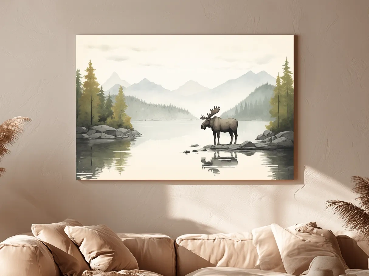 Childrens nursery illustration of a moose by a lake